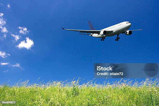 Avión Volando En El Cielo Azul Y Verde Césped Foto de stock y más banco de imágenes de Aeropuerto - Aeropuerto, Aire libre, Ala de avión
