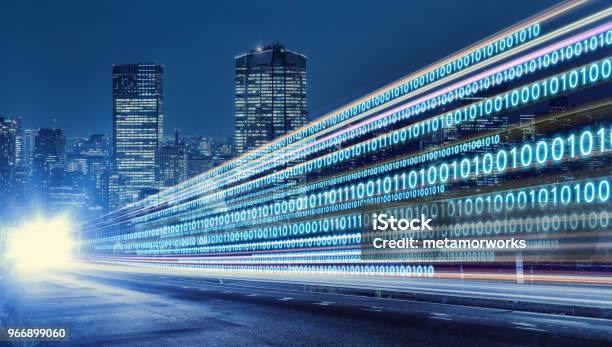 Digital Signals Flying Over Highway Digital Transformation Internet Of Things Stock Photo - Download Image Now