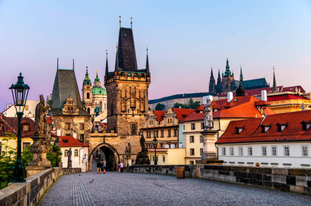 charles bridge (Karlův most) castle of Prague and St Vitus cathedral at sunrise. Czech Republic charles bridge and Castle of Prague in the morning. Czech Republic charles bridge photos stock pictures, royalty-free photos & images