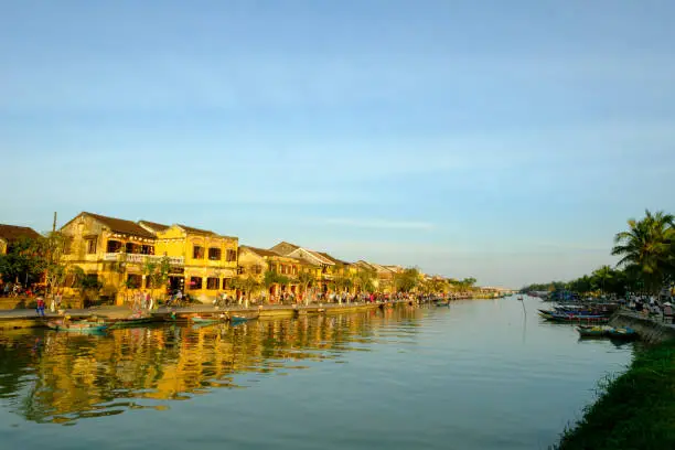 HOIAN, VIETNAM - 10 May 2018: Hoai river in ancient Hoian town , Vietnam. Hoian is recognized as a World Heritage Site by UNESCO.