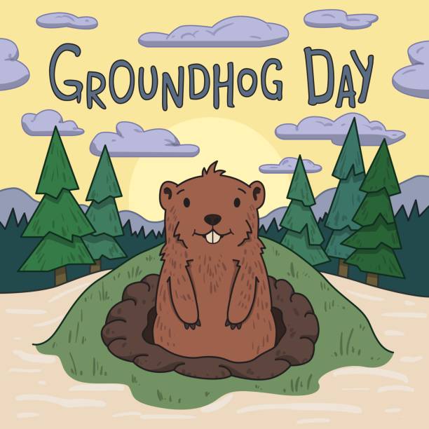 Groundhog day. Cute groundhog looking out from the burrow on picturesque pine forest and morning sky background. Line vector illustration. Colored cartoon style Groundhog day. Cute groundhog looking out from the burrow on picturesque pine forest and morning sky background. Line vector illustration. Colored cartoon style. groundhog stock illustrations