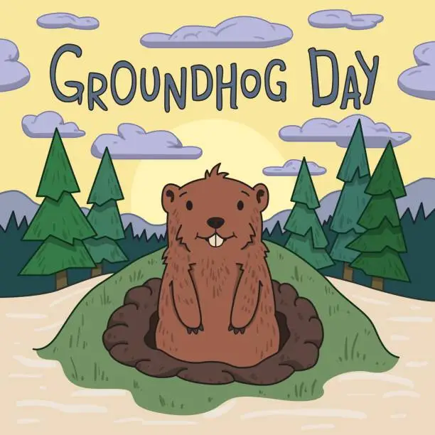 Vector illustration of Groundhog day. Cute groundhog looking out from the burrow on picturesque pine forest and morning sky background. Line vector illustration. Colored cartoon style