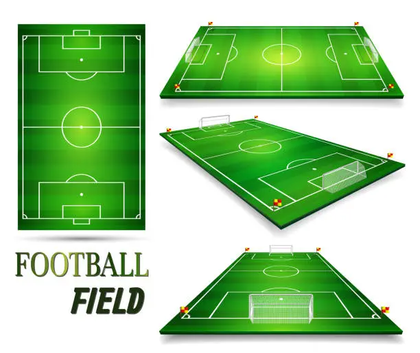 Vector illustration of Football field, soccer field set. Perspective vector illustration. EPS 10. Room for copy