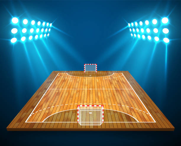 istock An illustration of hardwood perspective handball field, cort with bright stadium lights design. Vector EPS 10. Room for copy 966908628