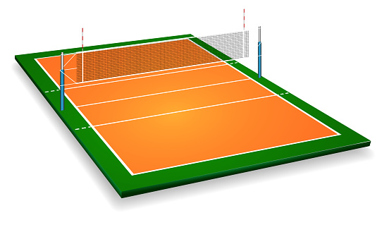 Perspective vector illustration of vollyball field court with net. Vector EPS 10. Room for copy.