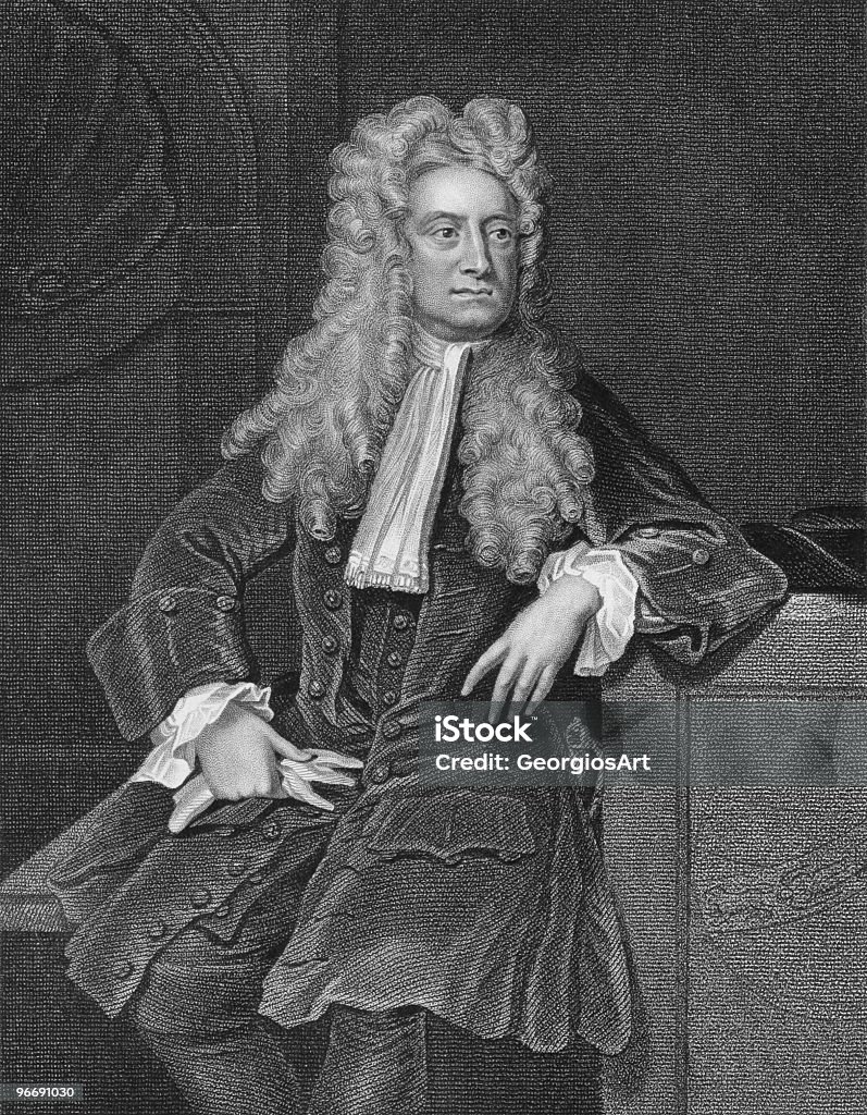 Black and white vintage photograph of Isaac Newton Isaac Newton on engraving from the 1800s. One of the most influential scientists in history. Engraved by W.T. Fry and published by the London Printing and Publishing Company. Sir Isaac Newton - Physicist stock illustration
