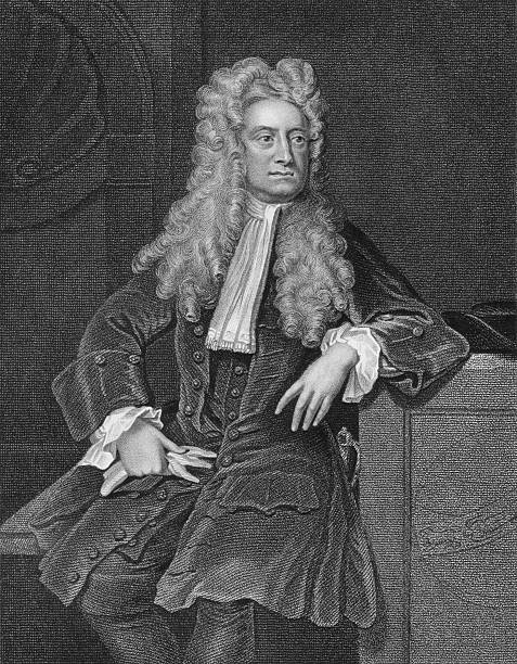 Black and white vintage photograph of Isaac Newton Isaac Newton on engraving from the 1800s. One of the most influential scientists in history. Engraved by W.T. Fry and published by the London Printing and Publishing Company. astronomer photos stock illustrations