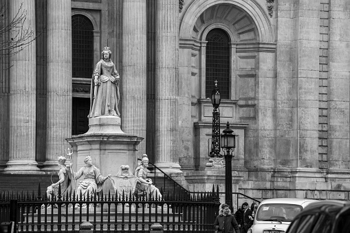 London, England - february 23, 2018: St Paul's Cathedral, monument to Queen Anne in front of the St Paul's Cathedral, London, United Kingdom