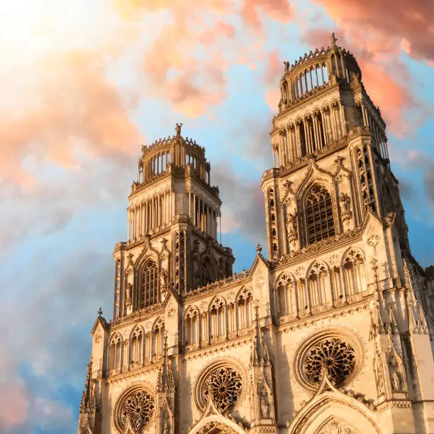 Photo of Orleans Sainte-Croix Cathedral beautiful facade architecture in France building exterior at sunset