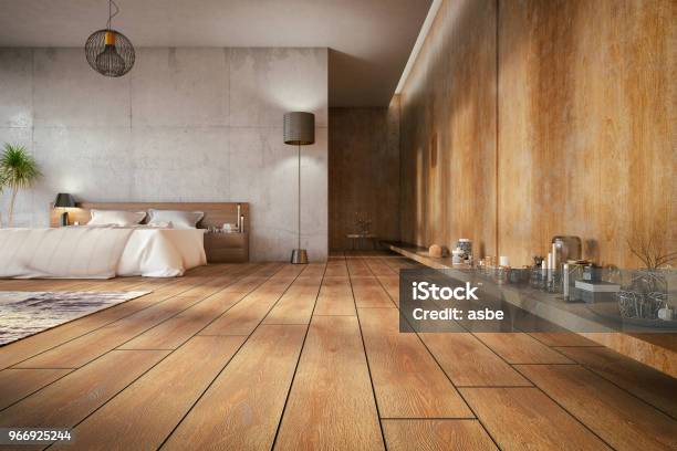 Loftschlafzimmer Stockfoto und mehr Bilder von Boden - Boden, Holz, Parkett