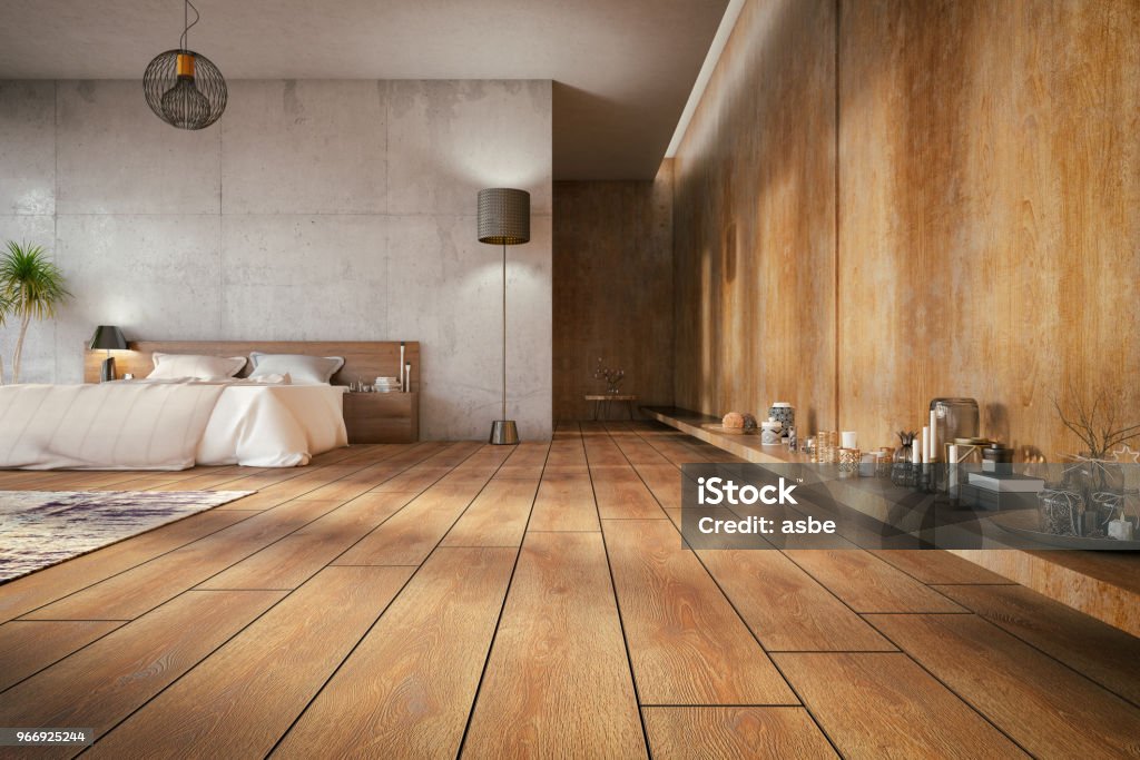 Loft Bedroom Loft room with cozy design. Flooring Stock Photo