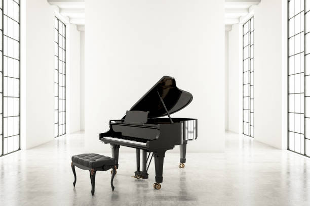 แกรนด์เปียโนในห้องสีขาว - grand piano ภาพสต็อก ภาพถ่ายและรูปภาพปลอดค่าลิขสิทธิ์