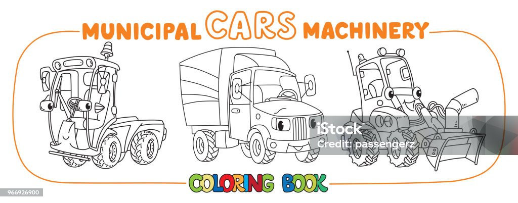 Funny small municipal cars with eyes Funny postal truck , municipal car, snowthrower or snow blower. Small funny vector cute vehicles with eyes and mouth. Children vector illustration. Municipal cars machinery for kids Baby - Human Age stock vector