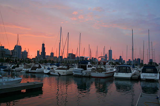 Boats on Lake Michigan with Chicago skyline in the Background stock photo