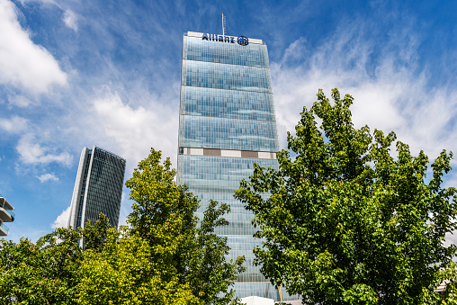 Milan, Italy - May 17, 2018: New building Isozaki Allianz tower and Hadid Tower in Citylife district