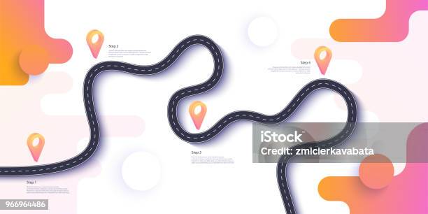 Road Map And Journey Route Infographics Template Winding Road Timeline Illustration Stock Illustration - Download Image Now