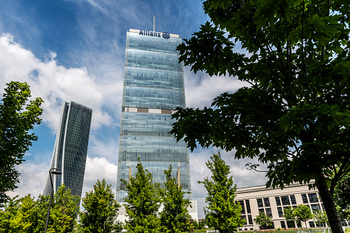 Milan, Italy - May 17, 2018: New building Isozaki Allianz tower and Hadid Tower in Citylife district