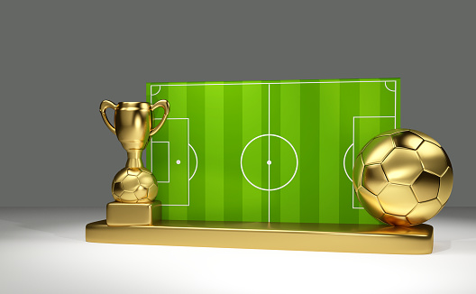 golden soccer ball and golden soccer trophy with green soccer field 3d rendering