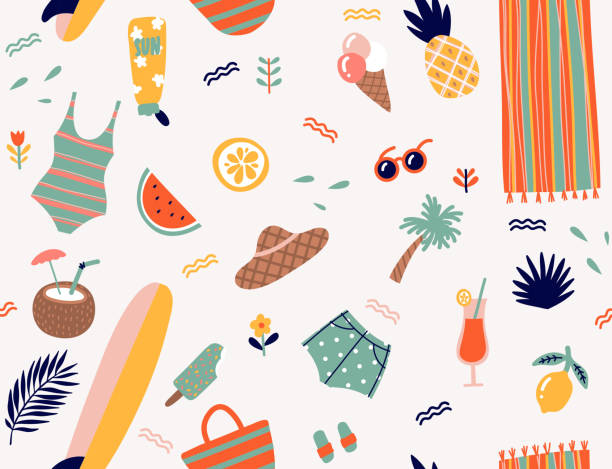 Summer beach seamless pattern with retro holiday signs vector art illustration