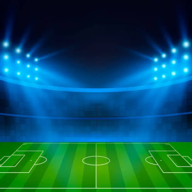 Vector illustration of Football Stadium. Soccer field in the light of searchlights. Football World Cup. Vector illustration