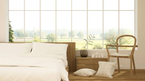 istock The interior minimal style hotel bedroom space 3d rendering and nature view 967006334