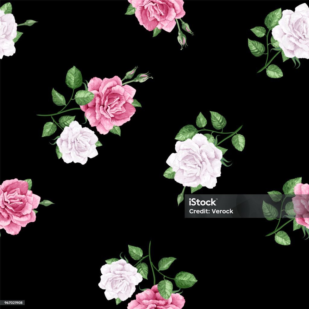 Rose Flowers Petals And Leaves In Watercolor Style On Black Background  Seamless Pattern For Textile Wrapping Paper Package Stock Illustration -  Download Image Now - iStock