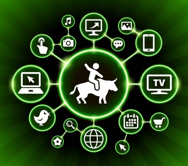 reiten bull internet kommunikation technologie dunkle buttons hintergrund - rodeo bull bull riding cowboy stock-grafiken, -clipart, -cartoons und -symbole