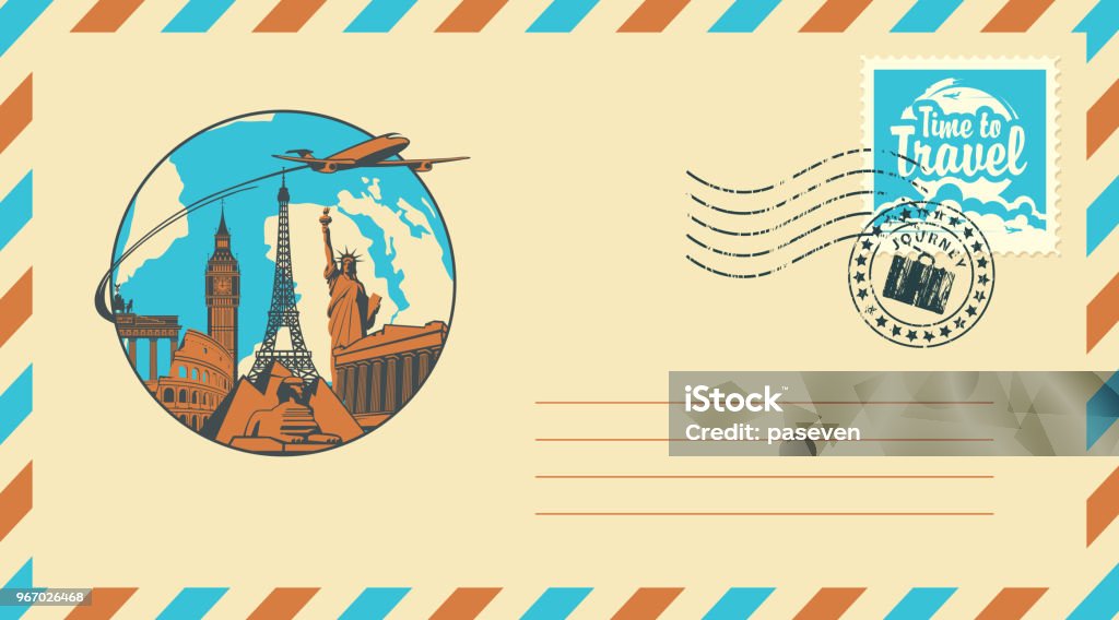 Postal envelope with stamp on the theme of travel Postal envelope with stamp and rubber stamp. Illustration on the theme of travel with architectural and historical sights, passenger aircraft and the words Time to travel Travel stock vector