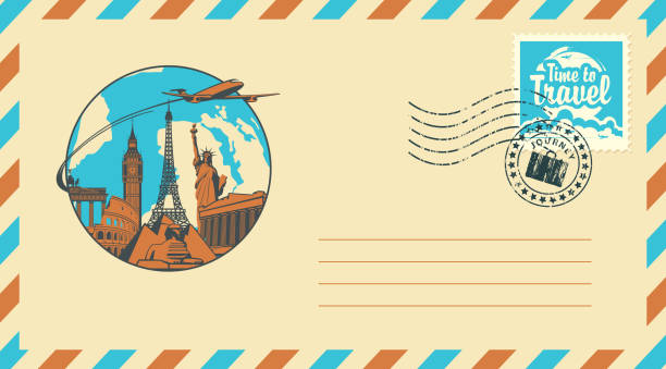 Postal envelope with stamp on the theme of travel Postal envelope with stamp and rubber stamp. Illustration on the theme of travel with architectural and historical sights, passenger aircraft and the words Time to travel tourist site stock illustrations