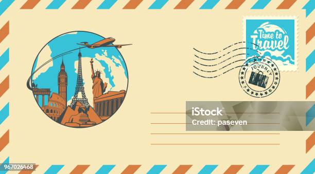 Postal Envelope With Stamp On The Theme Of Travel Stock Illustration - Download Image Now - Travel, Globe - Navigational Equipment, Travel Destinations