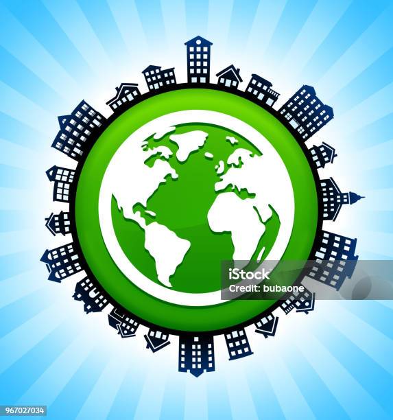 Globe On Rural Cityscape Skyline Background Stock Illustration - Download Image Now - American Culture, Apartment, Architecture