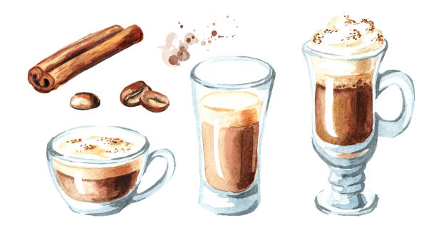 ilustrações de stock, clip art, desenhos animados e ícones de coffee with milk set. cinnamon and coffee beans. watercolor hand drawn illustration, isolated on white background - latté cafe macchiato cappuccino cocoa