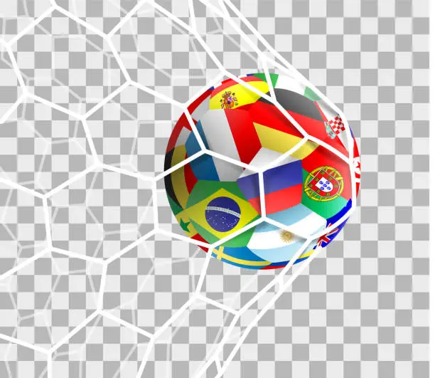 Vector illustration of Soccer ball with different national flags in the goal net isolated