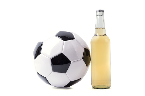 One Bottle of fresh beer with soccer ball.