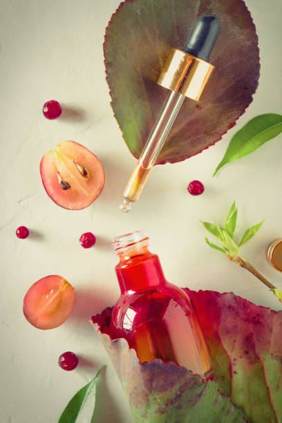 istock Organic bio cosmetics with herbal ingredients Extract, grape seed oils, serum. Copy Space, flat lay, view from above. 967075082