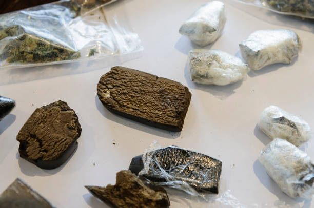 Blocks of cannabis resin on display in a police station Cut blocks/bricks of cannabis resin on display hashish photos stock pictures, royalty-free photos & images