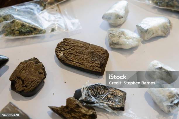 Blocks Of Cannabis Resin On Display In A Police Station Stock Photo - Download Image Now