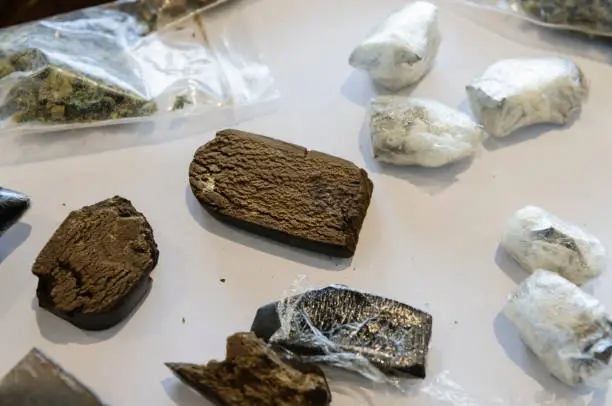 Cut blocks/bricks of cannabis resin on display