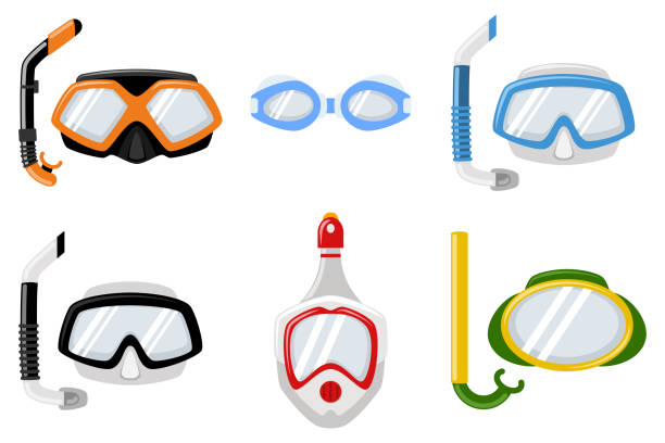 schnorchel masken zum tauchen und schwimmen von verschiedenen arten. vektor-cartoon-flach-icons set isolierten auf weißen hintergrund. - gogles stock-grafiken, -clipart, -cartoons und -symbole