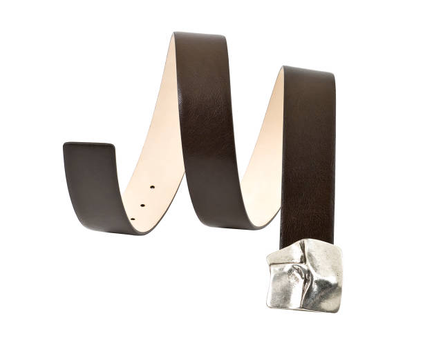 istock Brown leather belt with silver buckle isolated on white background 967095002