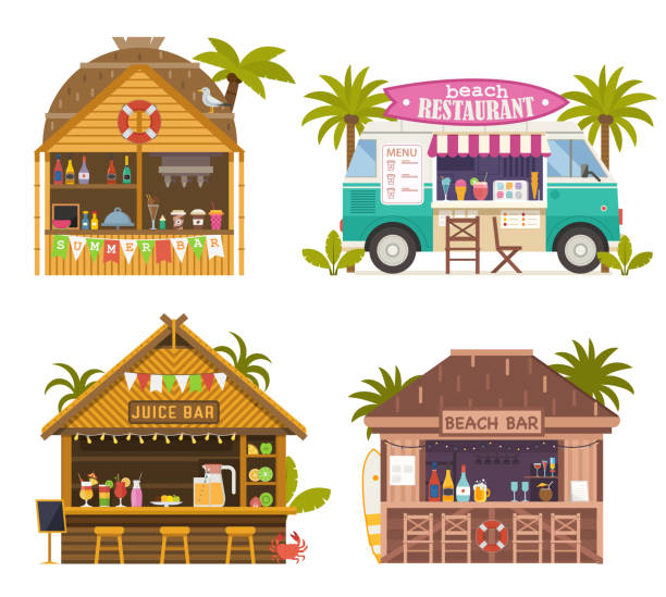 Beach Juice Bars and Restaurants Collection Beach juice bars with smoothies, soft drinks and refreshing beverages. Beach restaurants and food truck sailing fruit shakes, ice-cream and cocktails. Tropical tiki bar hut, bungalows on ocean coast. beach bar stock illustrations