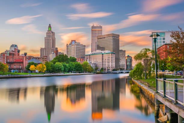 Providence, Rhode Island, USA River Skyline Providence, Rhode Island, USA downtown cityscape viewed from above the Providence River. providence rhode island photos stock pictures, royalty-free photos & images