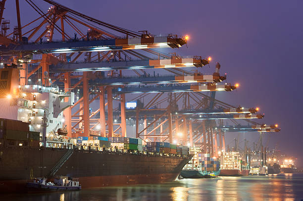 carga buque de carga en el puerto de hamburgo, alemania - hamburg germany elbe river illuminated freight transportation fotografías e imágenes de stock