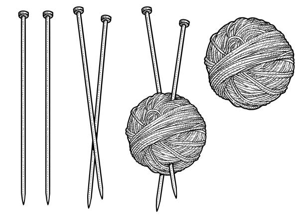 Yarn and knitting needles illustration, drawing, engraving, ink, line art, vector Illustration, what made by ink and pencil on paper, then it was digitalized. skein stock illustrations
