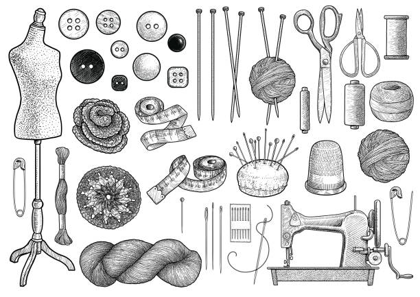 ilustrações de stock, clip art, desenhos animados e ícones de sewing, knitting equipment collection illustration, drawing, engraving, ink, line art, vector - tape measure illustrations