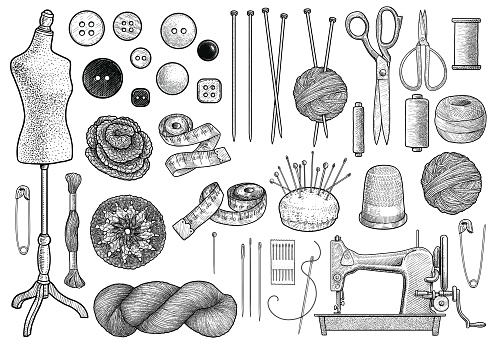 Sewing, knitting equipment collection illustration, drawing, engraving, ink, line art, vector