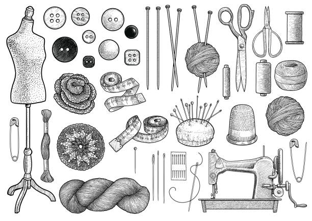 Sewing, knitting equipment collection illustration, drawing, engraving, ink, line art, vector Illustration, what made by ink and pencil on paper, then it was digitalized. thread sewing item stock illustrations