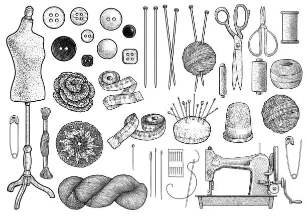 Vector illustration of Sewing, knitting equipment collection illustration, drawing, engraving, ink, line art, vector