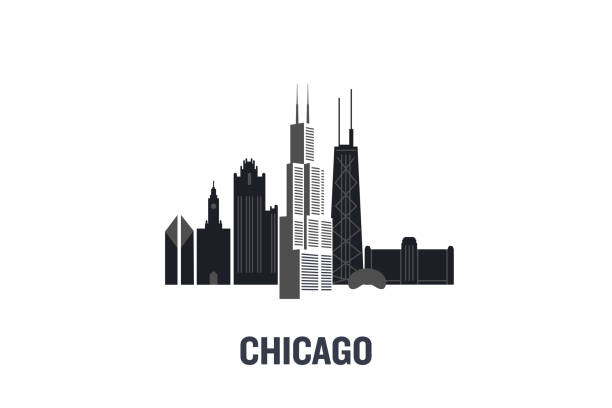 ilustraciones, imágenes clip art, dibujos animados e iconos de stock de ilustración minimalista de los edificios principales de chicago. diseño de plano vectorial. - chicago