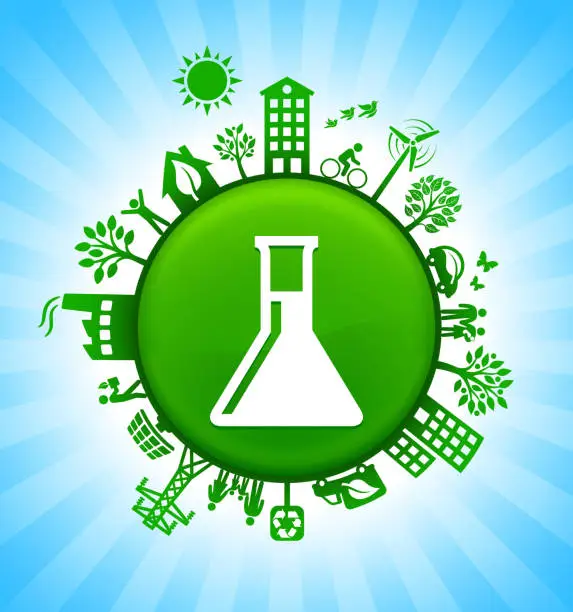 Vector illustration of Chemistry Flask Environment Green Button Background on Blue Sky